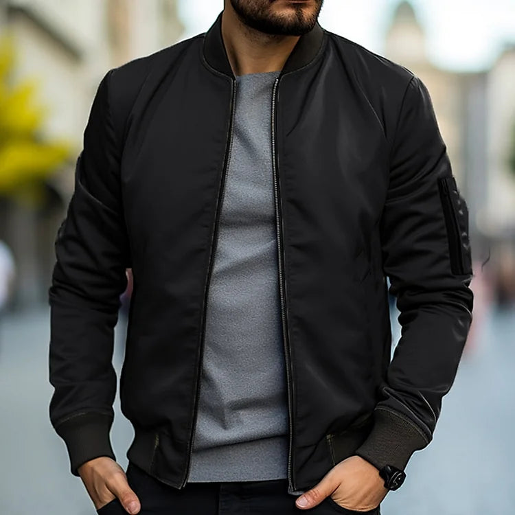 Men's Casual Bomber Jacket with Zipper and Sleeve Pocket