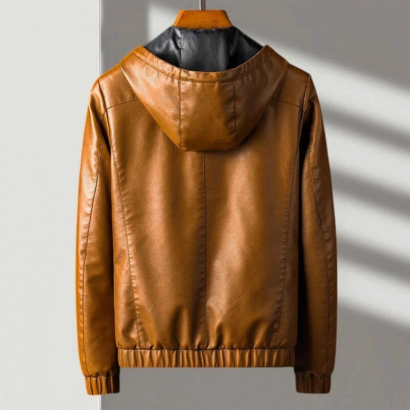 Men's Leather Hooded Jacket - Windproof Design for Casual Wear