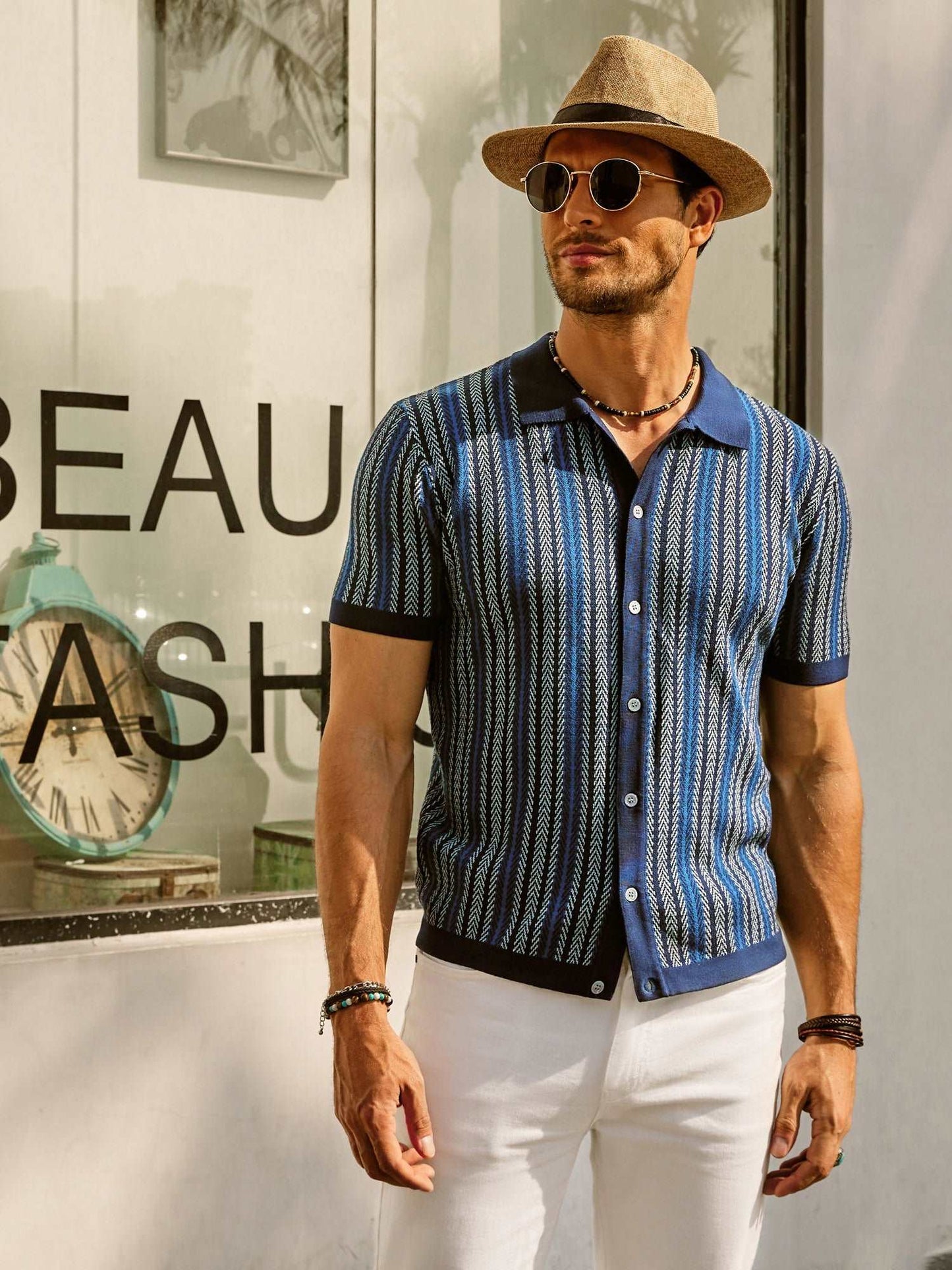 Men's Button-Down Polo Shirt with Vertical Stripes