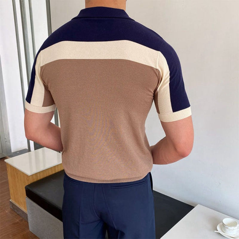 Men's Knit Polo Shirt with Modern Color Block Design