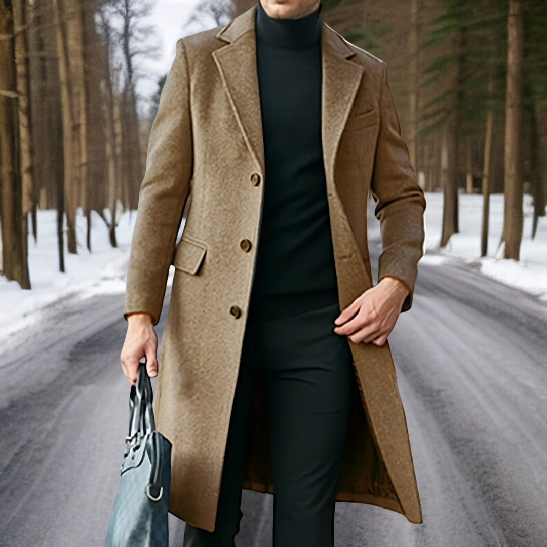 Men's Long Trench Coat with Lapel