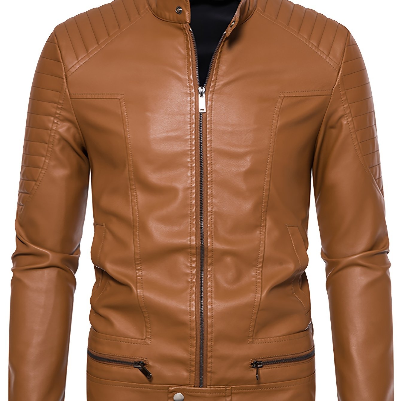 Men's PU Leather Jacket with Standing Collar
