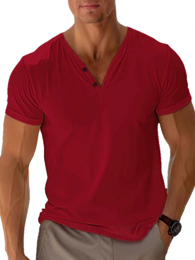 Men's Short Sleeve V-Neck Buttoned T-Shirt