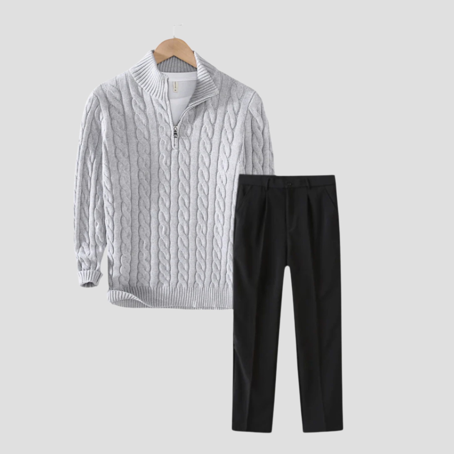 Men's Slim-Fit Cable Knit Sweater and Tailored Trousers Set