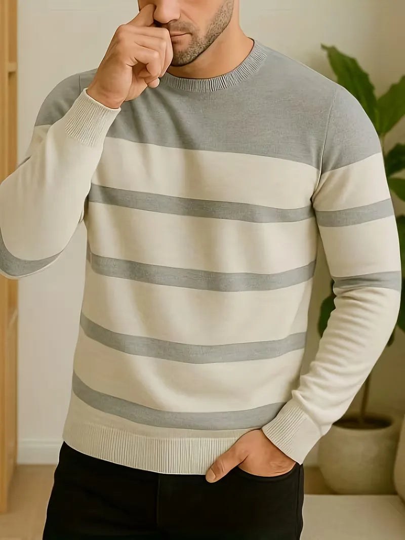 Men's Striped Round Neck Sweater with Long Sleeves