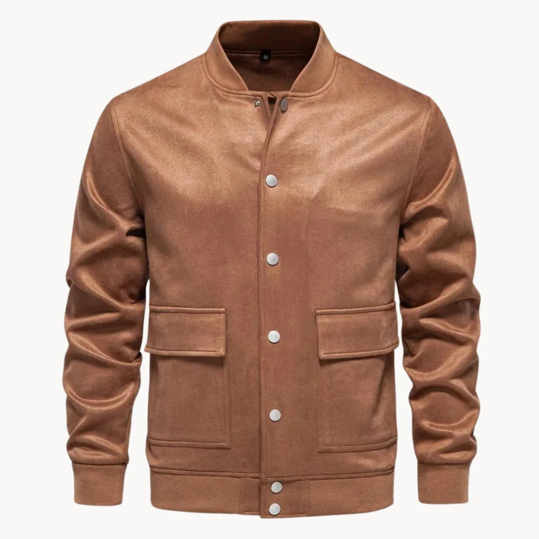Men's Suede Bomber Jacket with Round Neck