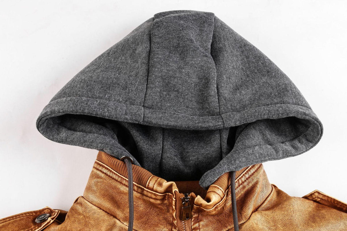 Men's Vintage PU Leather Winter Coat with Hood
