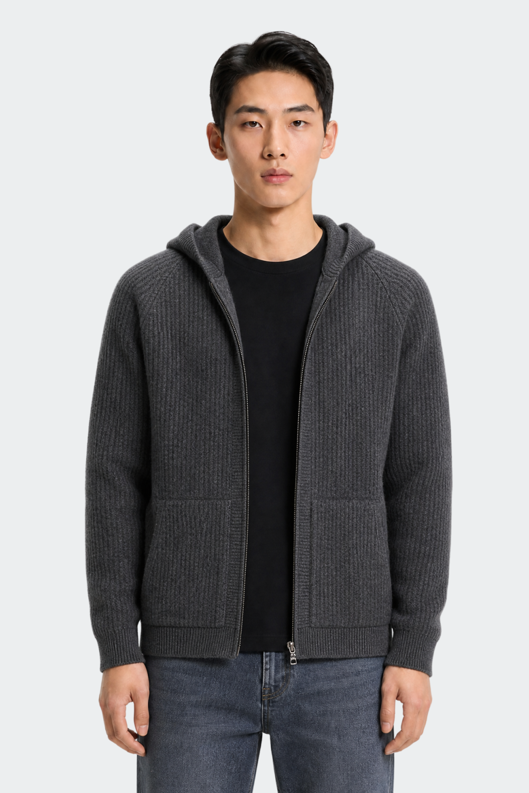 Men's Wool Zip Up Hooded Cardigan with Pockets