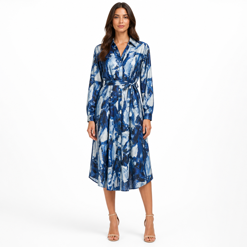 Women's Abstract-Print Belted Shirt Midi Dress
