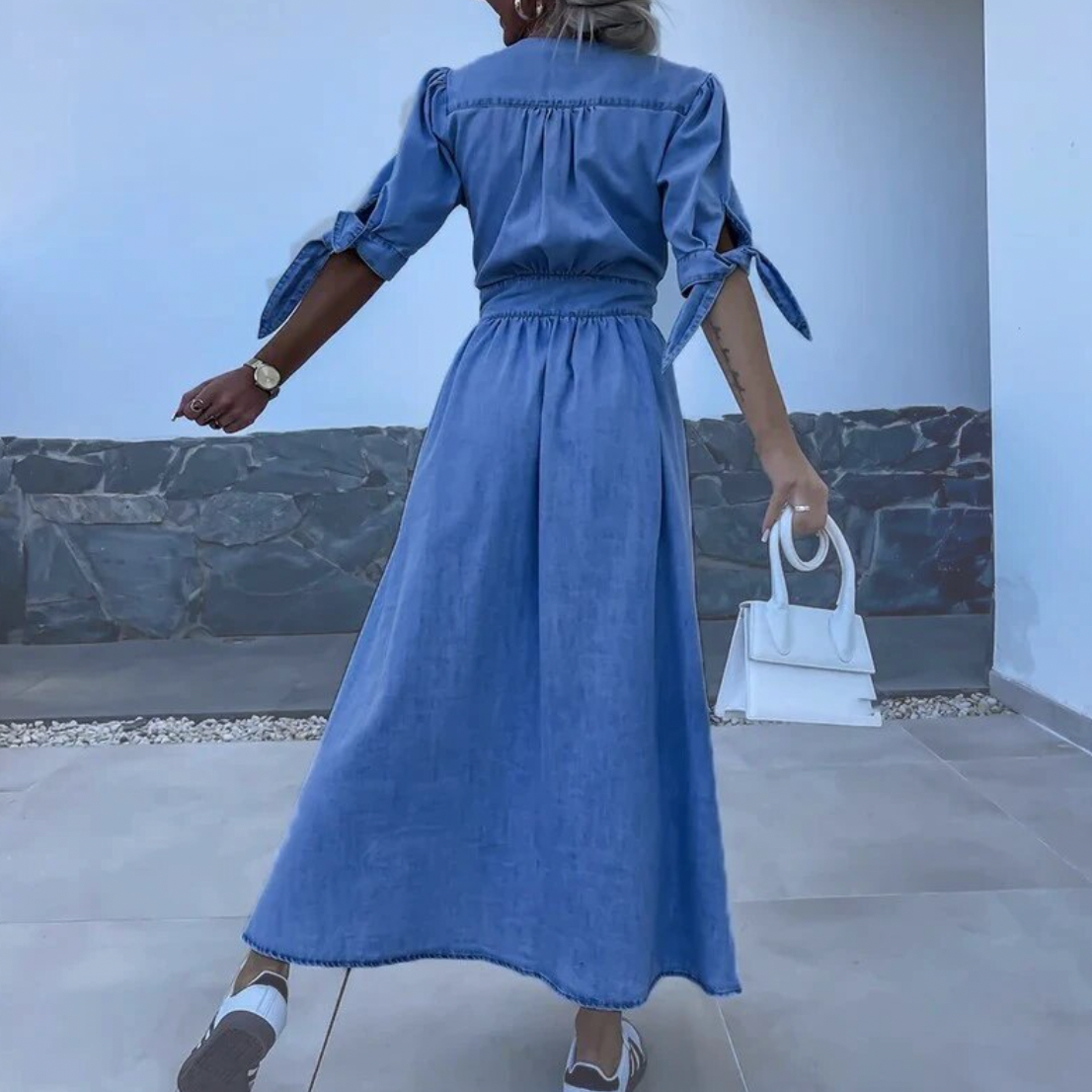 Women's Denim Maxi Dress with Tie Sleeve Detail