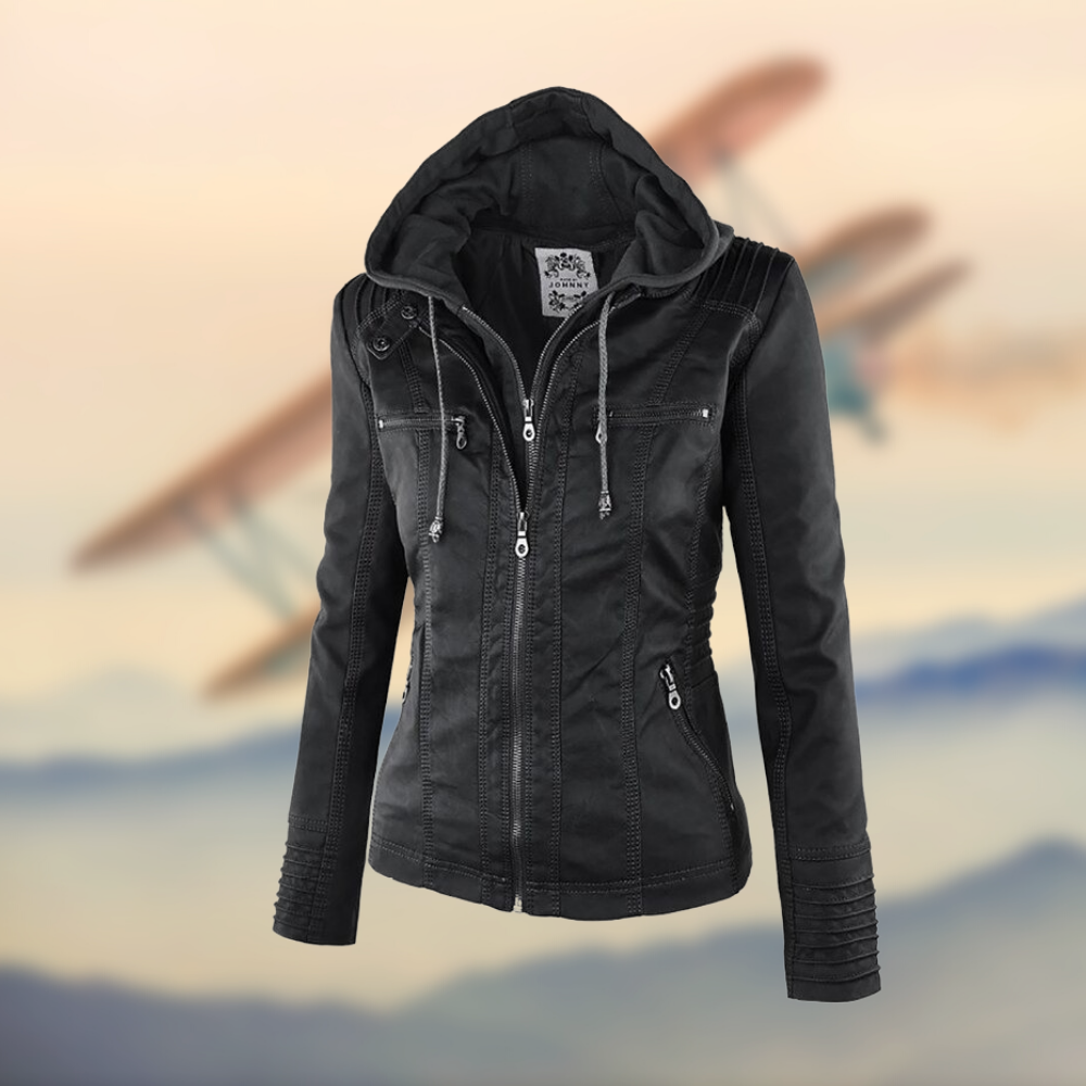 Women's Faux Leather Jacket with Hood