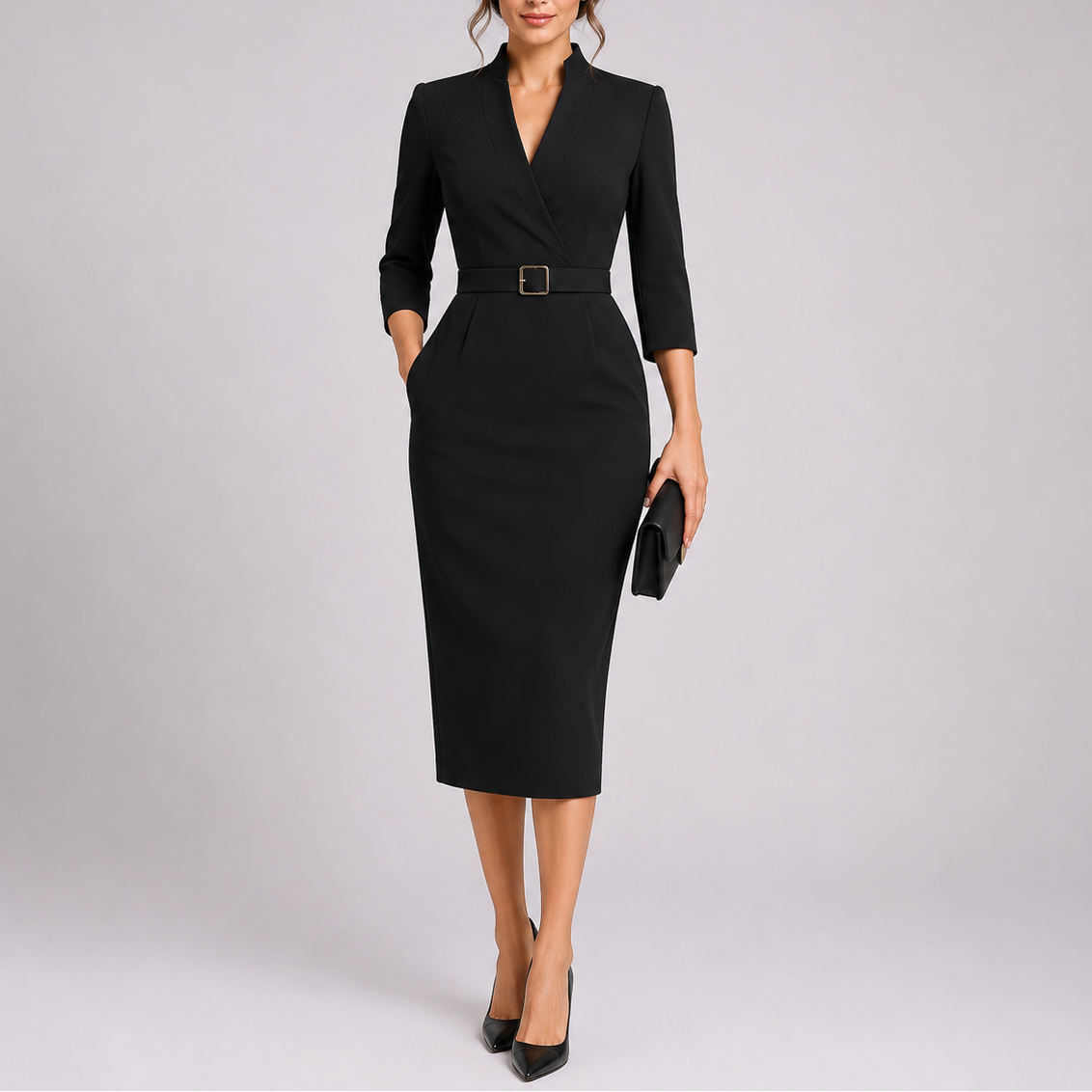 Women's Fitted Midi Dress with Waist Belt for Formal Events