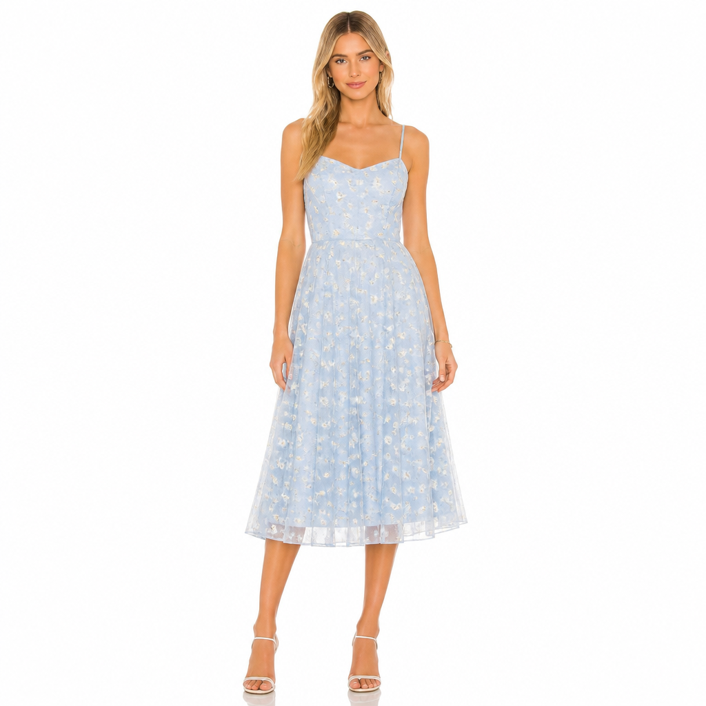 Women's Floral Mesh Midi Dress with Spaghetti Straps