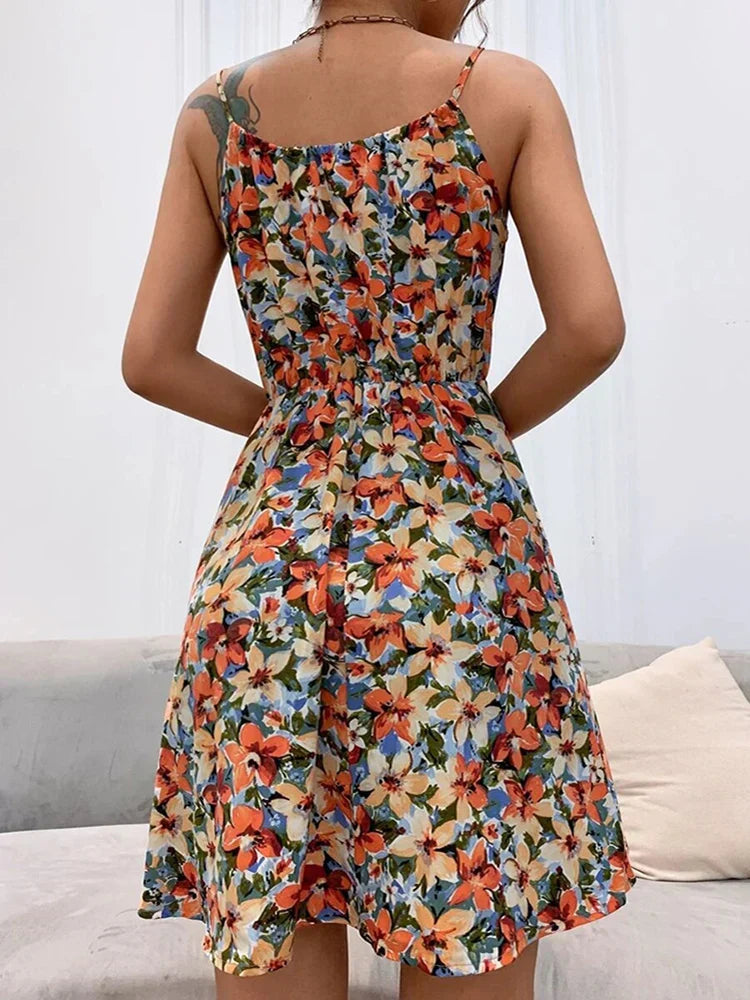 Women's Floral Mini Dress with Spaghetti Straps