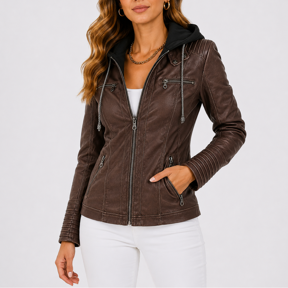 Women's Hooded Leather Jacket with Zip Pockets