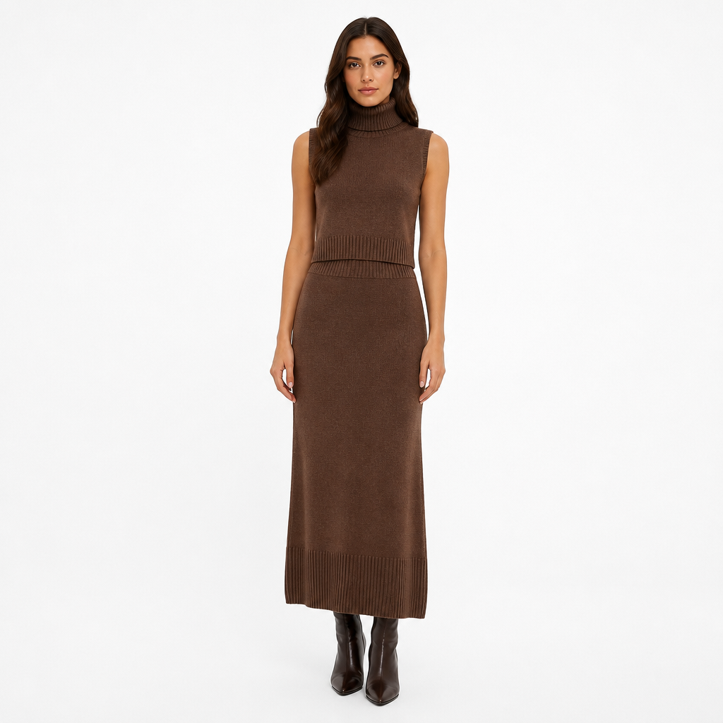 Women's Knitted Turtleneck Vest and High-Waist Skirt Set