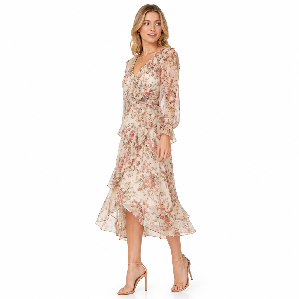 Women's Vintage Print Chiffon Midi Dress