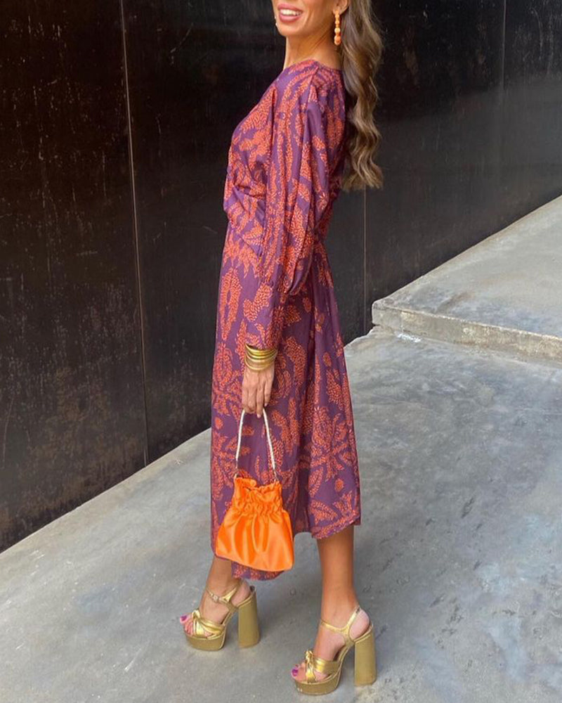 Women's Vintage Print V-Neck Midi Summer Dress
