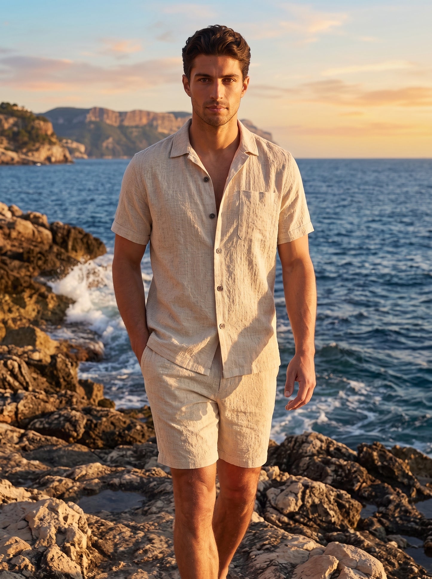 Men's Linen Short Sleeve Shirt and Shorts Set