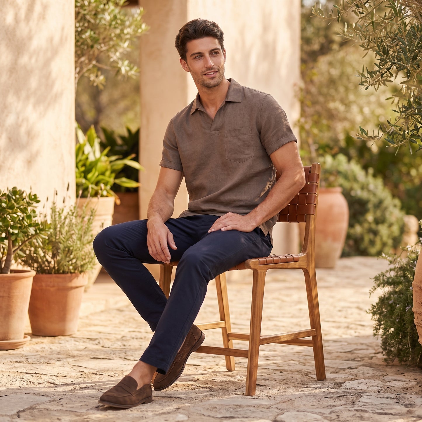 Men's Polo Shirt with Open Collar and Chest Pocket
