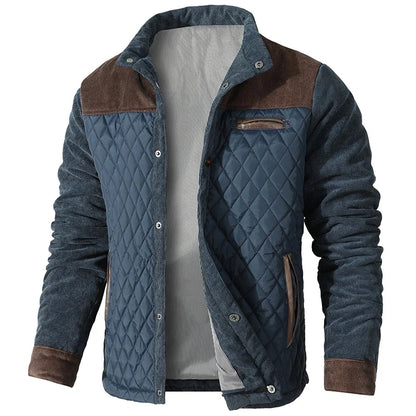 Men's Check Pattern Coat with Corduroy Details