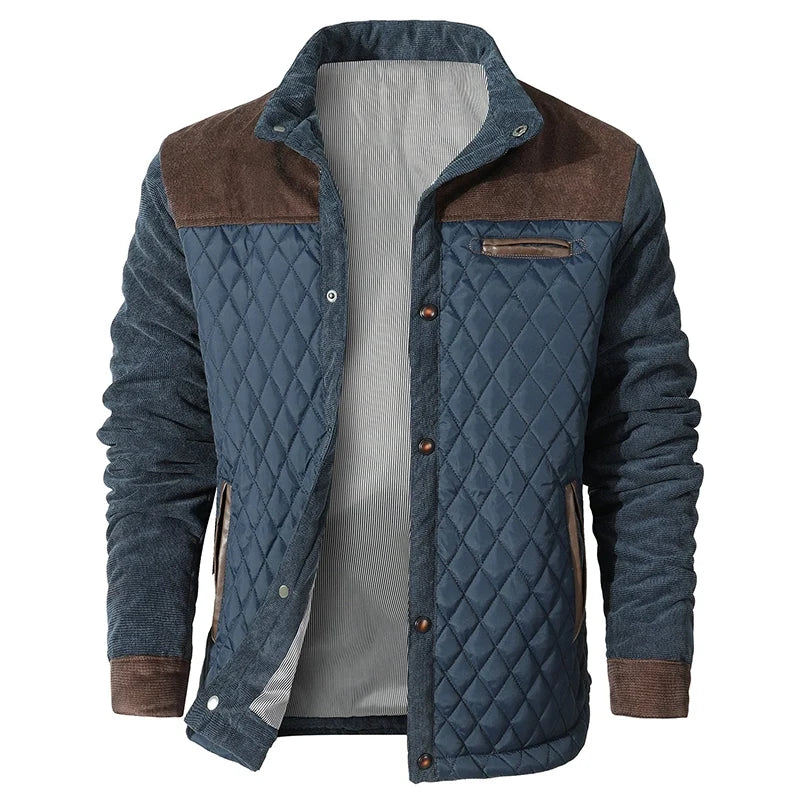 Men's Check Pattern Coat with Corduroy Details