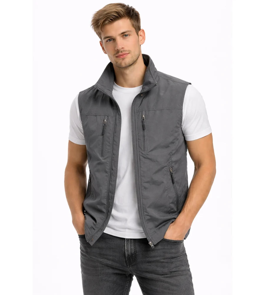 Men's Outdoor Vest with Zipper and Stand-Up Collar