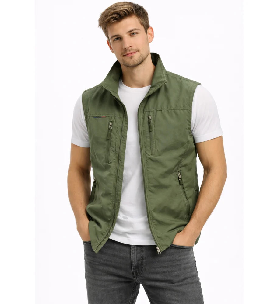 Men's Outdoor Vest with Zipper and Stand-Up Collar