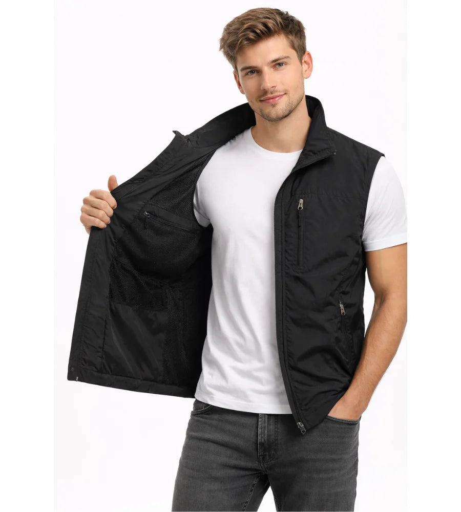 Men's Outdoor Vest with Zipper and Stand-Up Collar