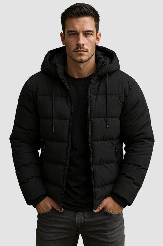 Men's Puffer Jacket with Hood and Side Pockets for Winter