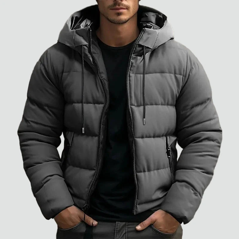 Men's Puffer Jacket with Hood and Side Pockets for Winter