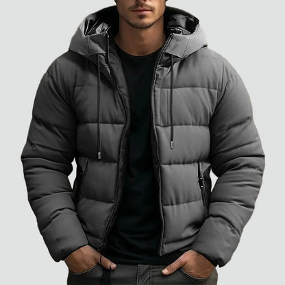 Men's Puffer Jacket with Hood and Side Pockets for Winter