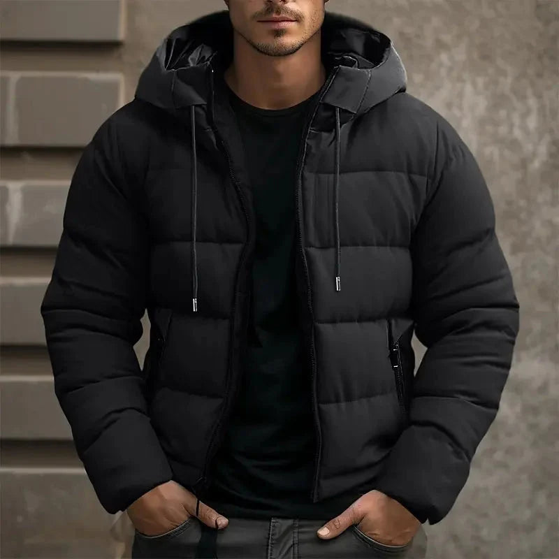 Men's Puffer Jacket with Hood and Side Pockets for Winter