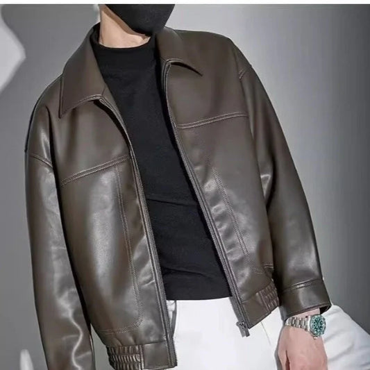Men's Slim Fit Leather Jacket with Zipper and Straight Collar