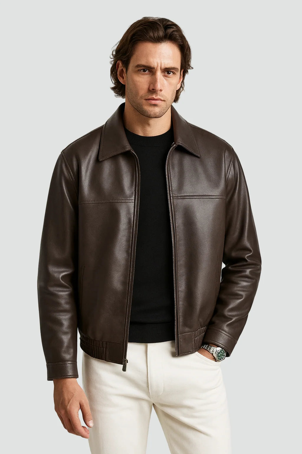Men's Slim Fit Leather Jacket with Zipper and Straight Collar