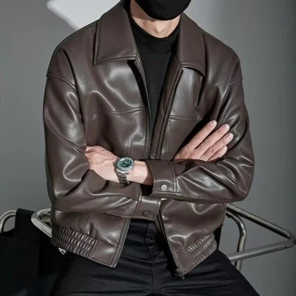 Men's Slim Fit Leather Jacket with Zipper and Straight Collar