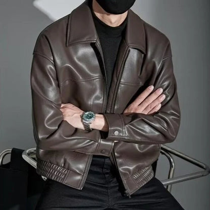 Men's Slim Fit Leather Jacket with Zipper and Straight Collar