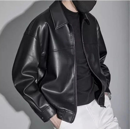 Men's Slim Fit Leather Jacket with Zipper and Straight Collar