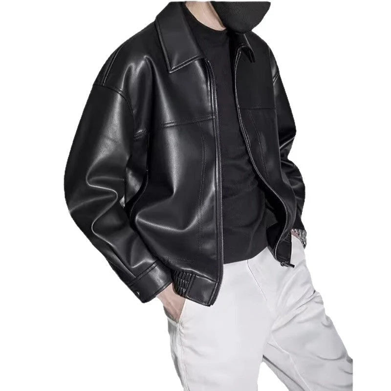 Men's Slim Fit Leather Jacket with Zipper and Straight Collar
