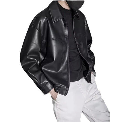 Men's Slim Fit Leather Jacket with Zipper and Straight Collar