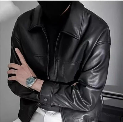 Men's Slim Fit Leather Jacket with Zipper and Straight Collar