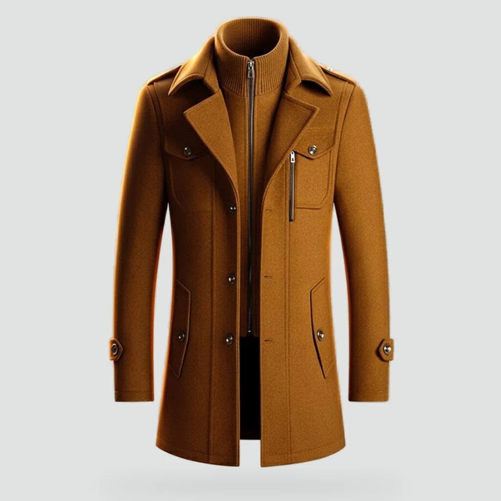 Men's Wool Blend Mid-Length Coat with Zipper and Lapel Collar