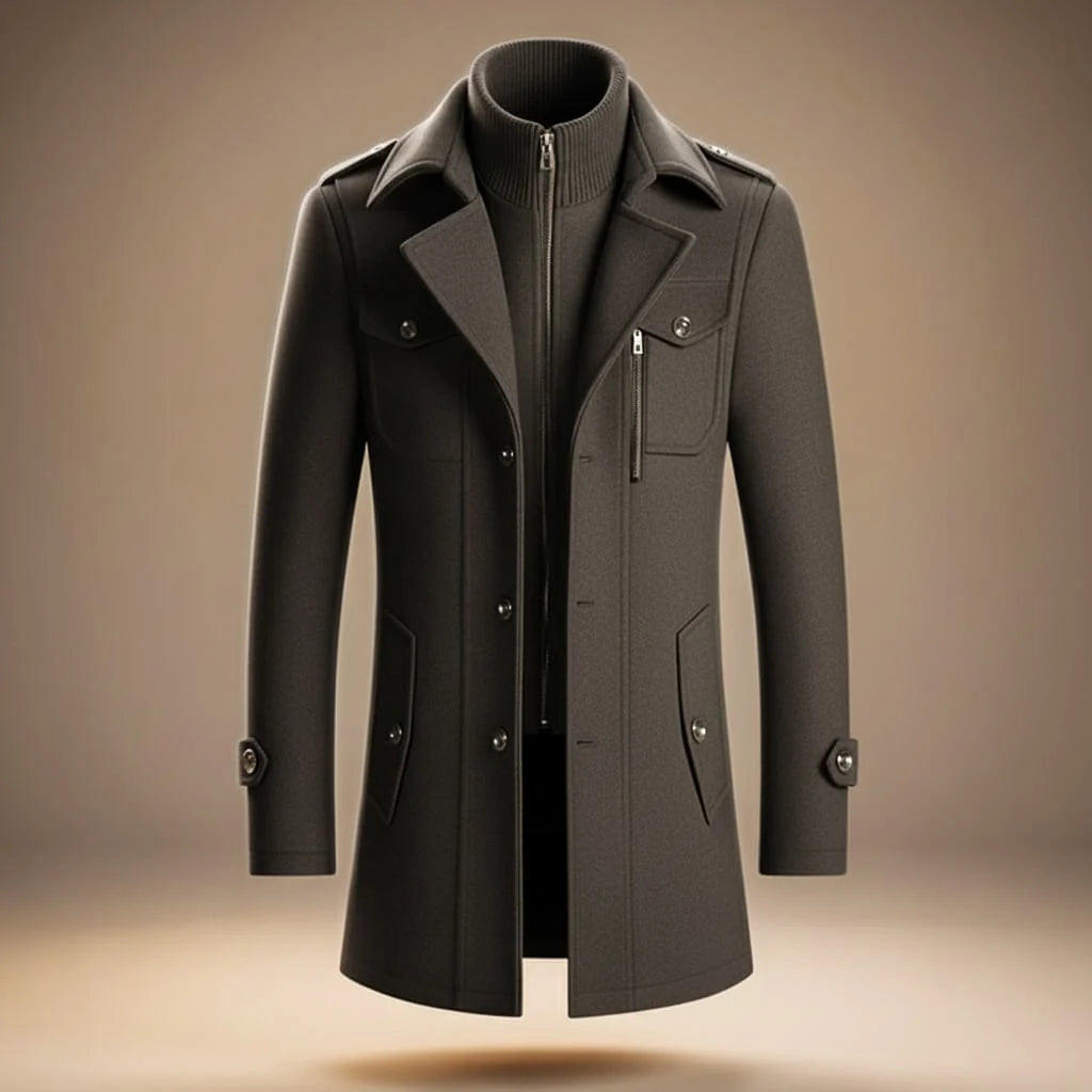 Men's Wool Blend Mid-Length Coat with Zipper and Lapel Collar