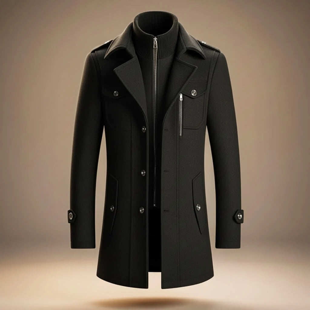 Men's Wool Blend Mid-Length Coat with Zipper and Lapel Collar