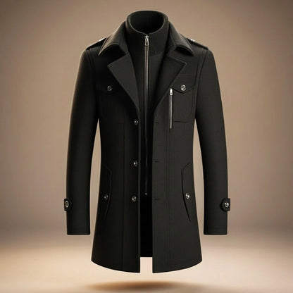Men's Wool Blend Mid-Length Coat with Zipper and Lapel Collar