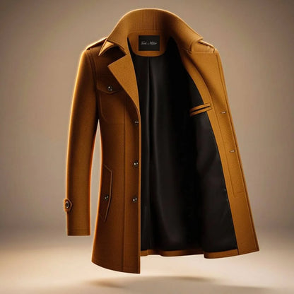 Men's Wool Blend Mid-Length Coat with Zipper and Lapel Collar