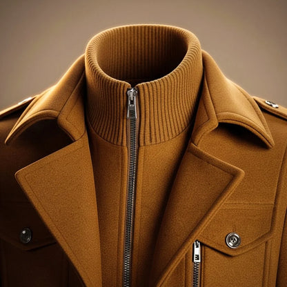 Men's Wool Blend Mid-Length Coat with Zipper and Lapel Collar