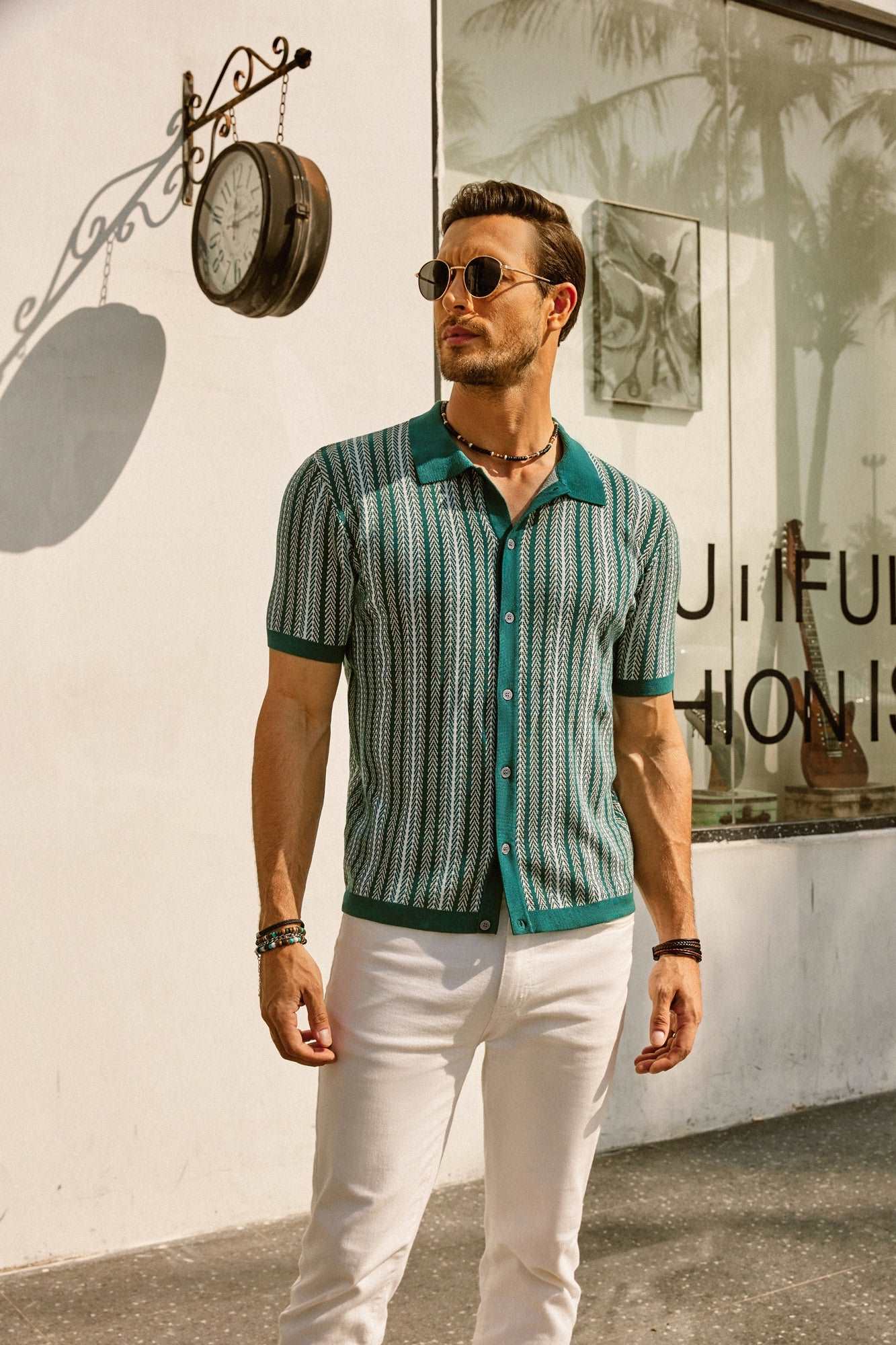 Men's Button-Down Polo Shirt with Vertical Stripes