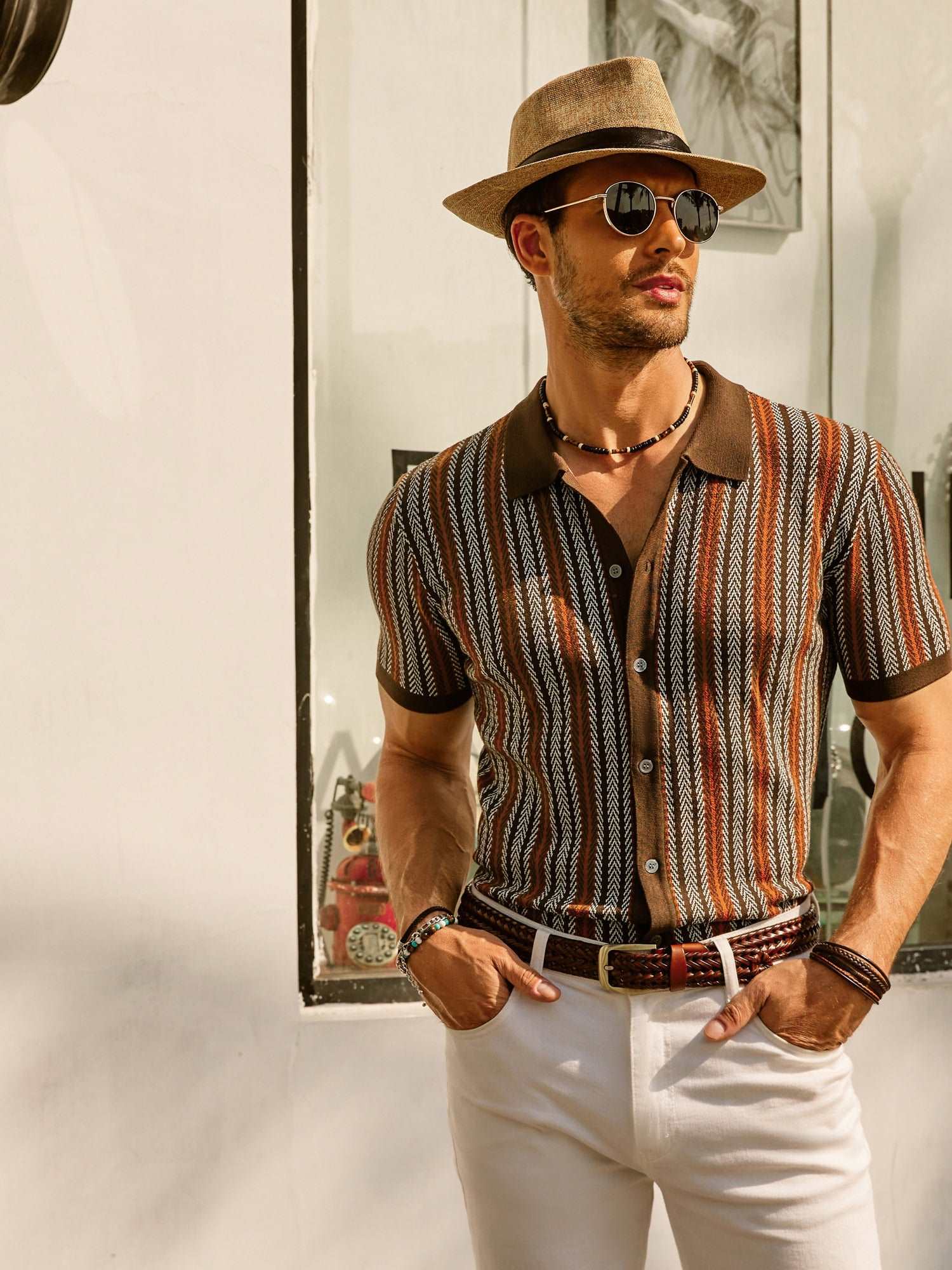 Men's Button-Down Polo Shirt with Vertical Stripes