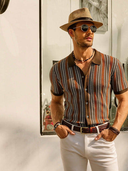 Men's Button-Down Polo Shirt with Vertical Stripes